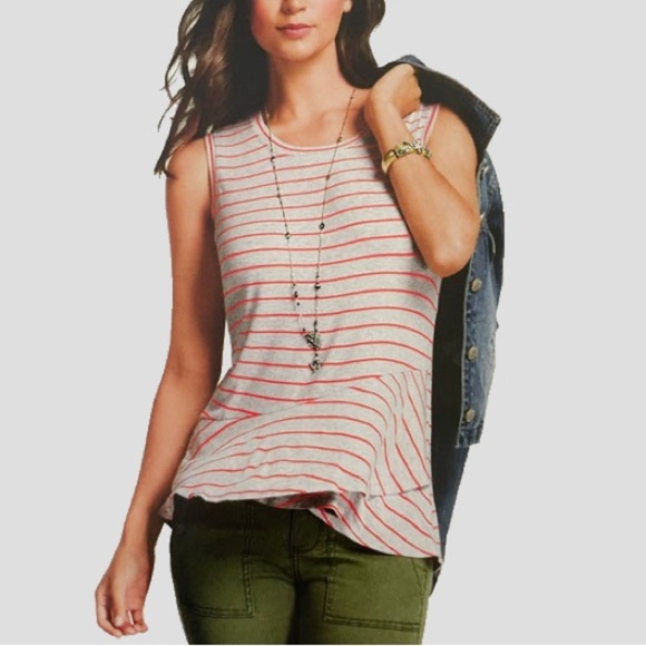 Cabi gray/ orange striped sleeveless ruffle/ flounce top ❤️ - Picture 1 of 6